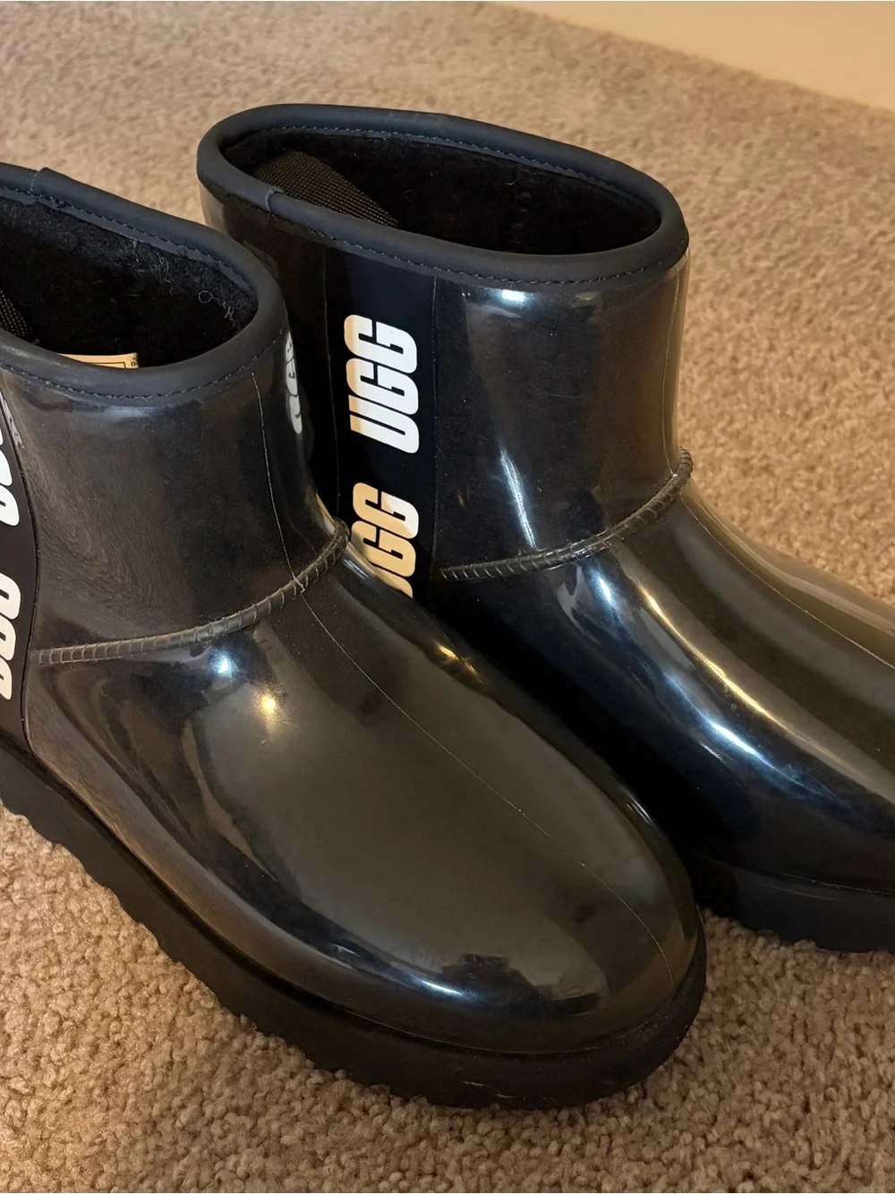 UGG Black Glossy Short Rain Booties with Logo Panel